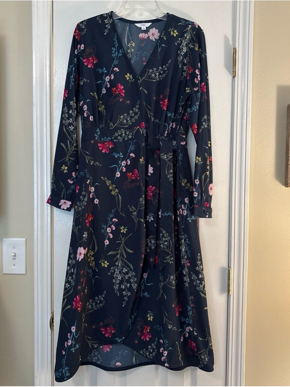 Time and Tru Navy Floral Wrap Dress with Pink and Red Accents
